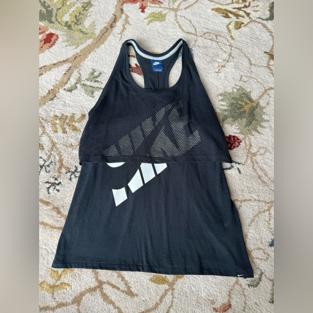 Nike Women L Active Tank Top Mesh Overlay Black Logo Spell Out Racerback